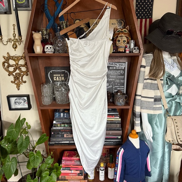 Cider - Solid Satin Asymmetrical Ruched Midi Dress - size large - Picture 7 of 9